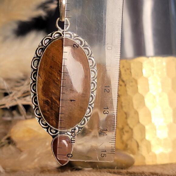 Earthy Sterling Silver Petrified Wood Pendant with Carnelian Drop - Picture 5 of 10